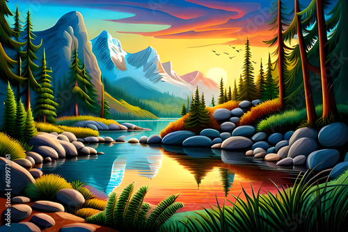 Beautiful nature landscape with lake and mountains at sunset, illustration art, generative ai