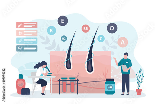 Trichologists examining hair growth. Doctor uses microscope for research and analysis for hair loss treatment. Alopecia and hair problems, baldness. Dermatologist diagnosis health problem.