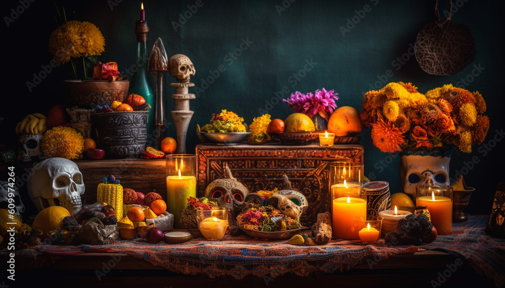 Spooky Halloween still life pumpkin, candle, and decoration arrangement generated by AI