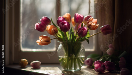 Rustic elegance A bouquet of multi colored tulips on a wooden table generated by AI