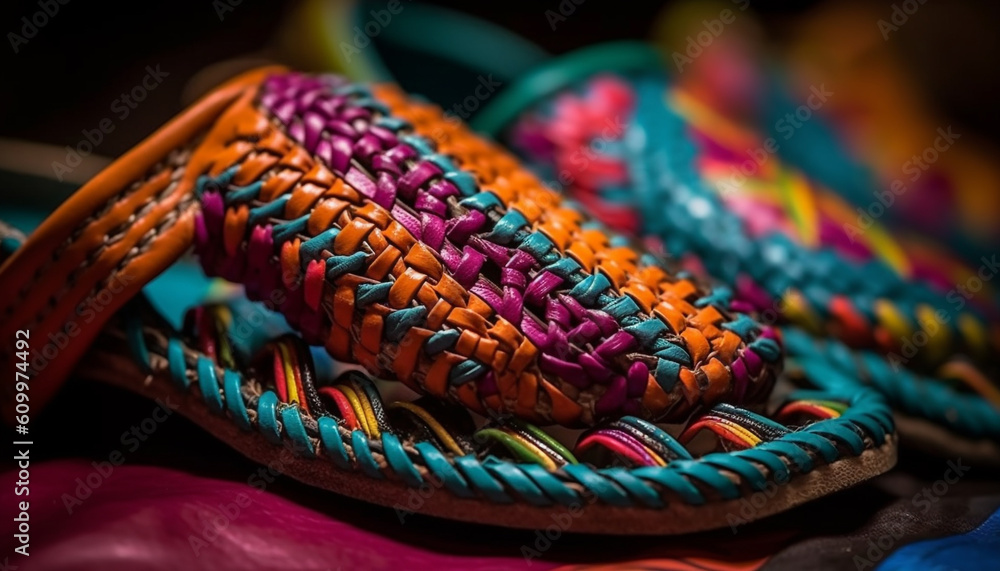 Multi colored leather sandals with intricate embroidery and woven patterns generated by AI