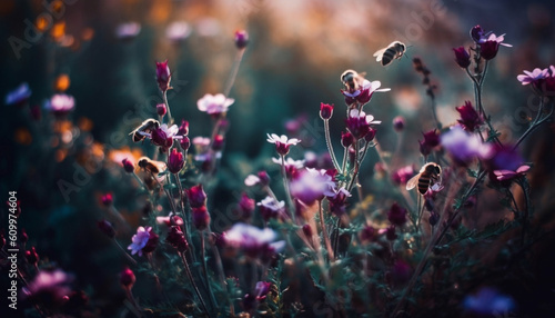 Vibrant wildflower meadow in soft focus at sunset, nature beauty generated by AI