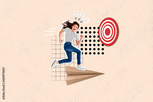 Creative collage of excited mini girl run flying big paper plane light bulb above head darts board target isolated on beige background