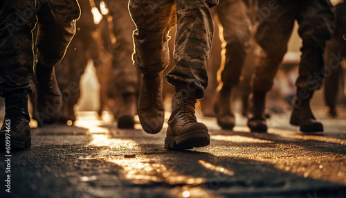 Army men marching in military uniform through city streets outdoors generated by AI