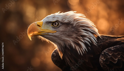 Majestic bald eagle perching on branch, looking at camera generated by AI