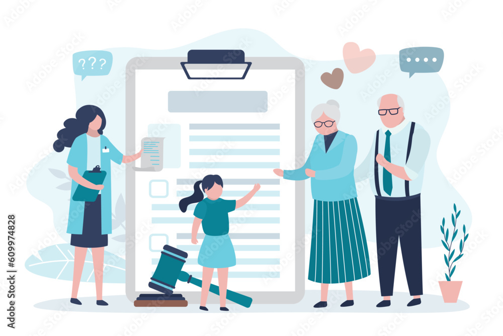 Happy aged parents with daughter. Elderly couple with kid girl standing near adoption agreement. Social worker give adoption application. Happy aged parents with daughter. Elderly couple with kid girl standing near adoption agreement. Social worker give adoption application.