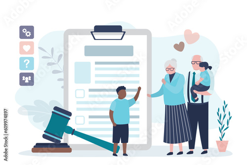 Happy family, aged parents with two multi ethnic children. Elderly couple with kids standing near adoption agreement. Adoption application and gavel.