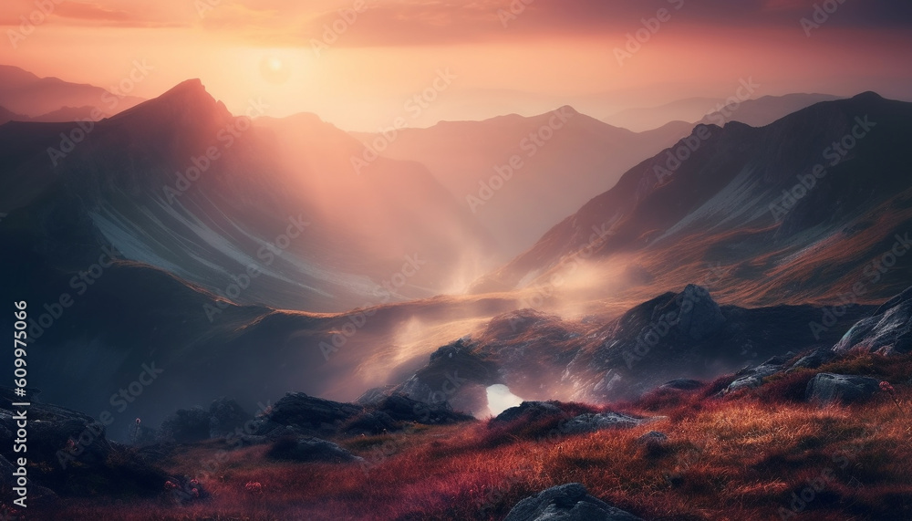 Obraz premium Majestic mountain range at dawn, tranquil meadow, men hiking adventure generated by AI