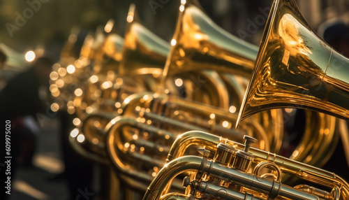 Shiny brass instruments reflect musician focus on foreground performance generated by AI