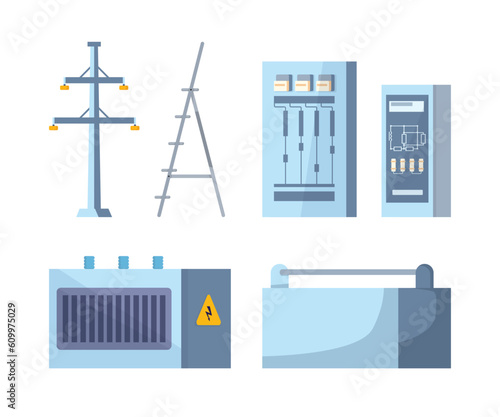 High-voltage poles and power distribution units within the village.