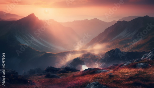 Majestic mountain range at dawn, tranquil meadow, men hiking adventure generated by AI