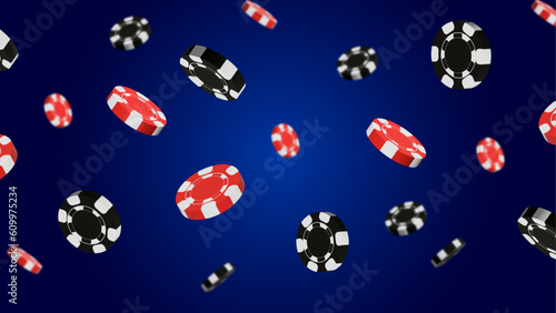 3D Flying casino red and black chips with dark blue background