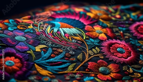 Vibrant colors and ornate embroidery adorn this homemade patchwork tapestry generated by AI photo