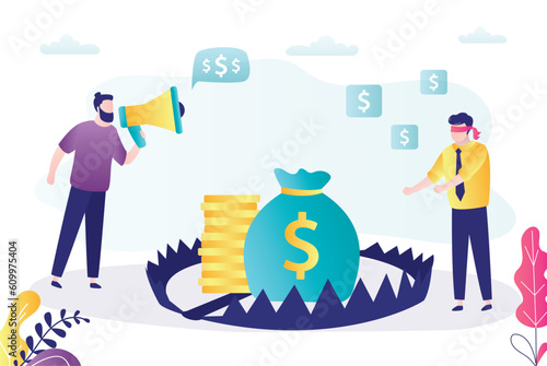 Advertising fraud, referral program for inexperienced beginners. Easy money in trap. Money bait for business people. Saving money in wrong way, mistake. Dangerous, risk investments,