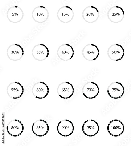 Black pie charts from 5 to 100. Loading circles. percentage circles. Vector