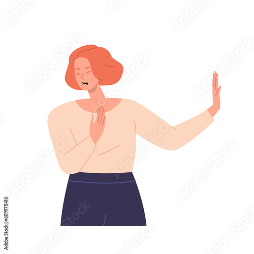 Isolated portrait of irritated woman cartoon character showing repulsive hand gesture hand sign