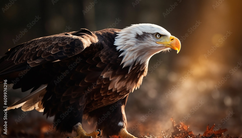 Fototapeta premium Majestic bird of prey, bald eagle, perching in natural beauty generated by AI
