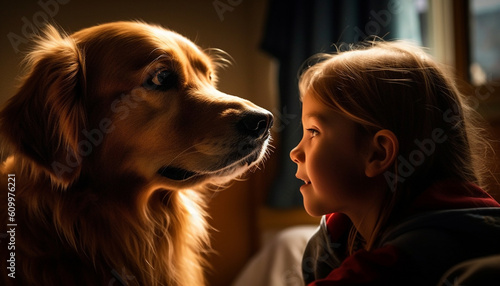 Cute Caucasian girl playing with affectionate Golden Retriever indoors generated by AI