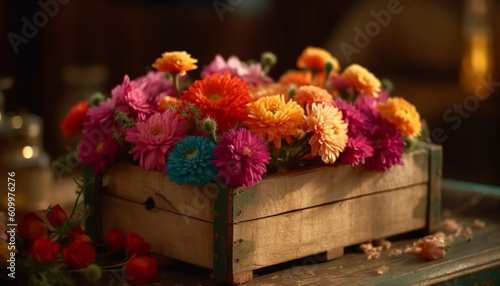 Fresh bouquet of multi colored flowers in rustic wooden vase generated by AI