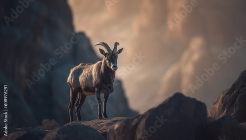 Ibex standing on mountain peak  silhouette against sunset sky generated by AI