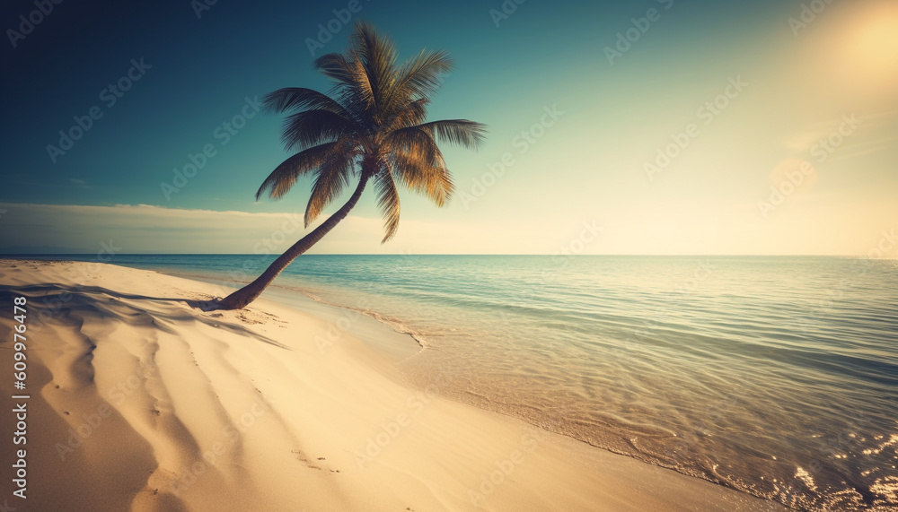 Tropical palm trees sway in tranquil sunset over blue waters generated by AI