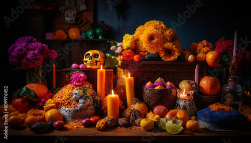 Spooky Halloween decoration with pumpkin, candle, and multi colored backgrounds generated by AI © djvstock