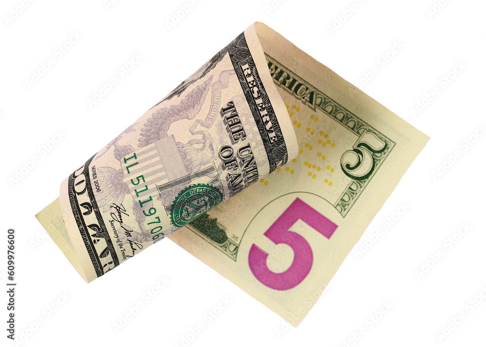 Flying five dollar bill isolated on white, clipping path Flying five dollar bill isolated on white, clipping path