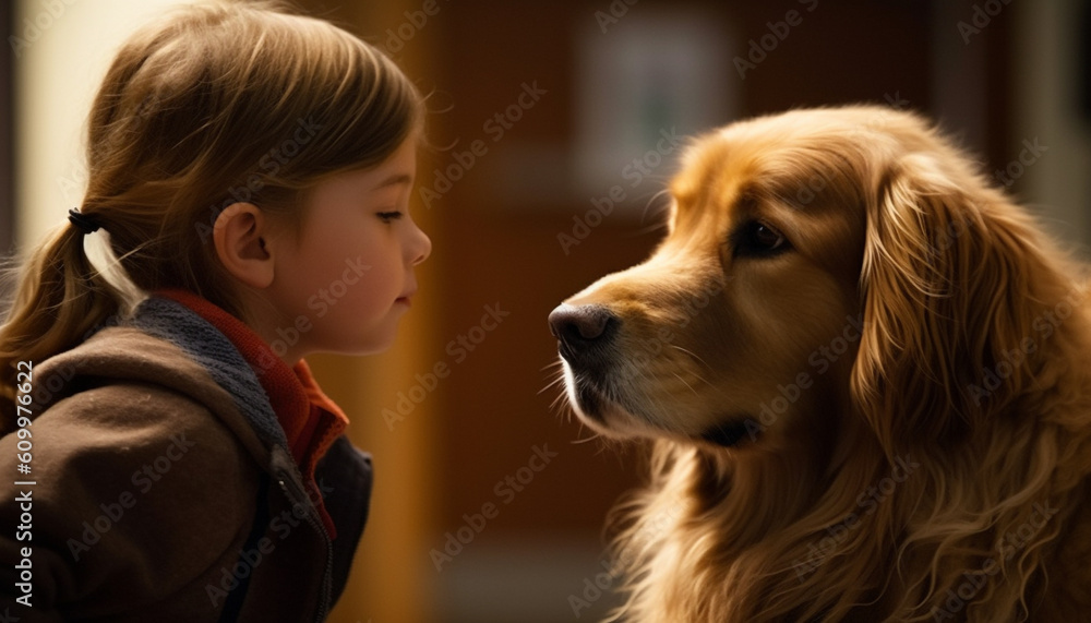 Cute girl playing with adorable puppy, a golden retriever outdoors generated by AI
