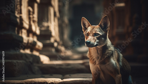 Cute purebred dog sitting outdoors  looking at camera with fur generated by AI