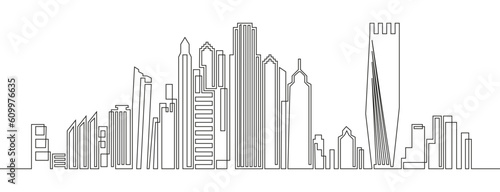 Cityscape continuous one line vector. Linear  hand drawing of houses  skyscrapers. Horizontal panoramic  urban landscape of metropolis architecture silhouette.