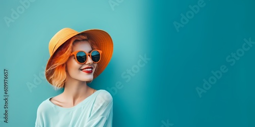 orange-haired woman in front of a blue background, with a copy space. Summer photo