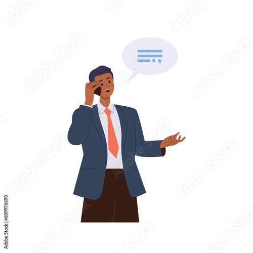 Businessman cartoon character talking phone calling by mobile isolated design with speech bubble