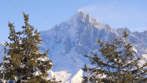 Sunny snow covered Mountain Peak with trees 
