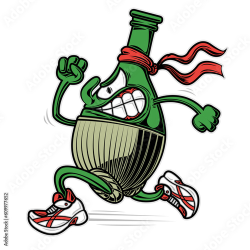 Jug of wine running. Glass bottle wearing a red bandana a running shoes, mascot of a running team. Sport illustration concept.