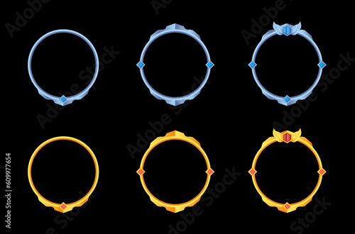 set collection circle golden and silver frames for rpg game avatars, border game with gemstone decorations