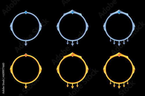set collection circle golden and silver frames for rpg game avatars, border game with arrow decorations in medieval.