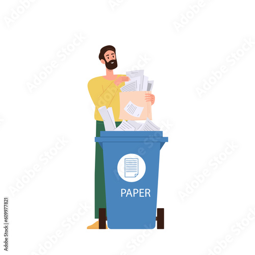 Young man throwing out paper trash waste into special garbage tank isolated on white background