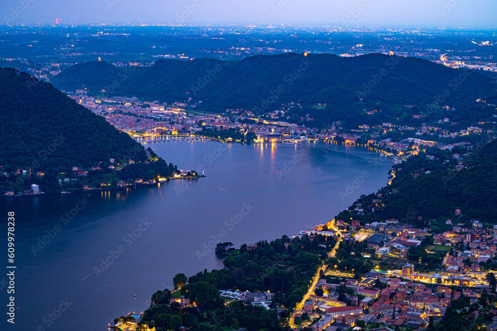 Panorama of Lake Como and the city, photographed from Cernobbio, in the evening.
