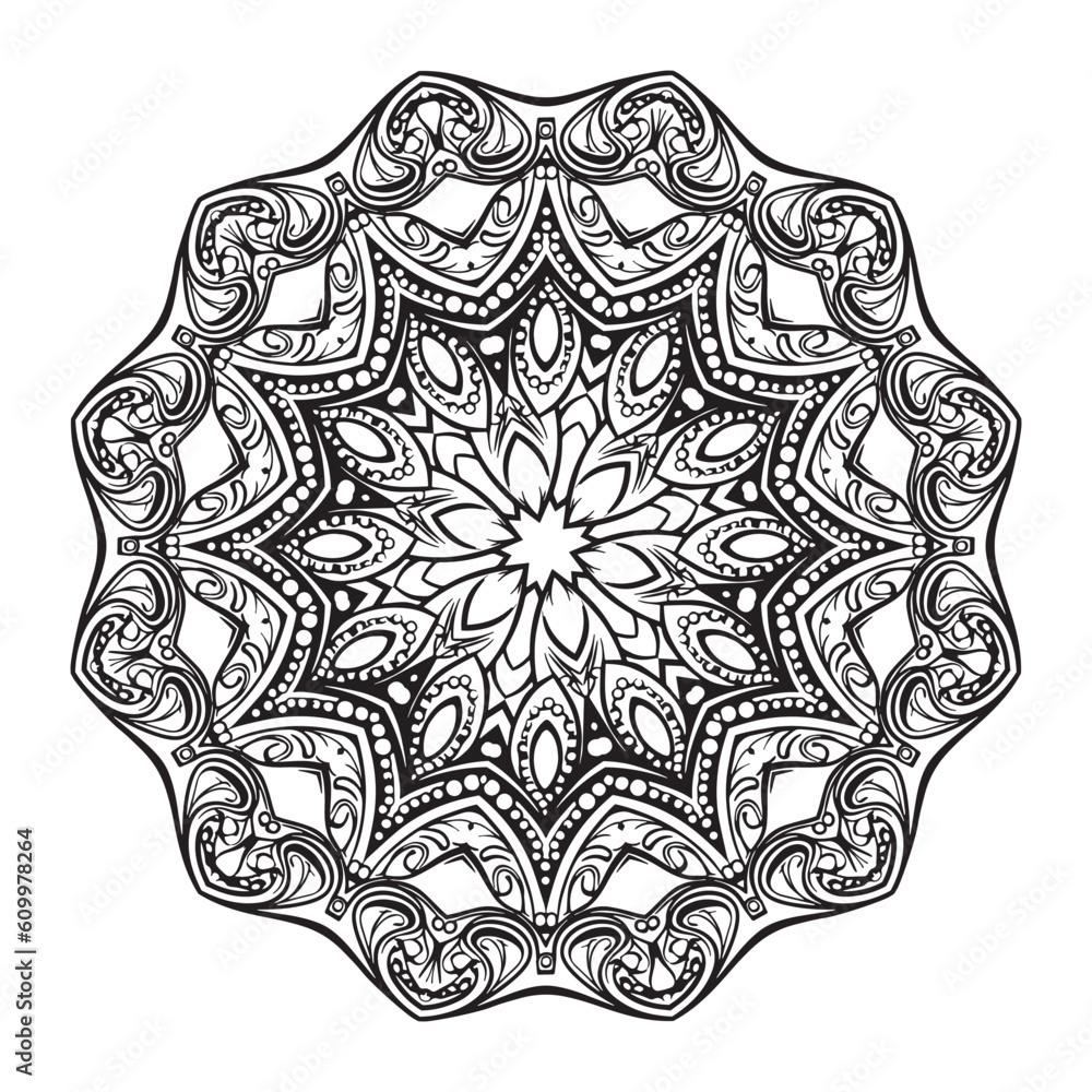 Floral filigree mandala for coloring book, circle ornament, psychedelic illustration, black line art on white background