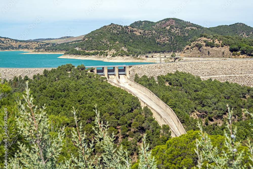 Dams in Andalucia, Southern Spain, suffering from water shortage and low water levels; seen from the Tres Embalses (three dams) viewpoint on the Guadalhorce river