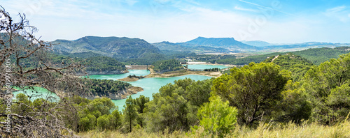 Dams in Andalucia, Southern Spain, suffering from water shortage and low water levels; seen from the Tres Embalses (three dams) viewpoint on the Guadalhorce river