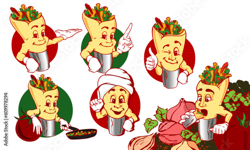 Personaje de dibujo animado de  shawarma en distintas poses, comida árabe, ilustración de vector
