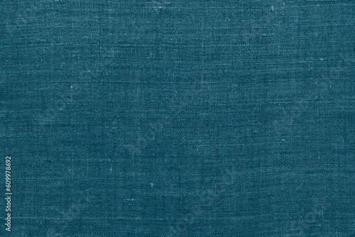 Blue green linen fabric, background or texture, top view, closeup