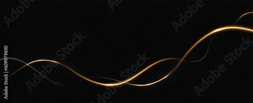 Golden glowing swirl. The effect of moving at the speed of light. Easy trail. Shiny wavy path. Vector.Neon light.