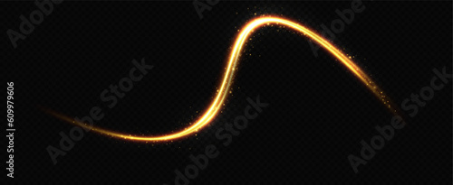 Golden glowing swirl. The effect of moving at the speed of light. Easy trail. Shiny wavy path. Vector.Neon light.