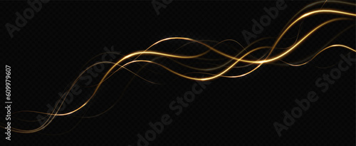 Golden glowing swirl. The effect of moving at the speed of light. Easy trail. Shiny wavy path. Vector.Neon light.