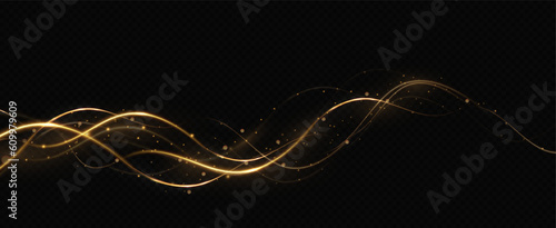 Golden glowing swirl. The effect of moving at the speed of light. Easy trail. Shiny wavy path. Vector.Neon light.