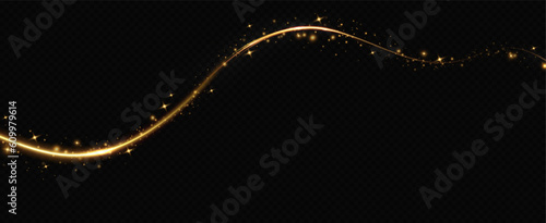 Golden glowing swirl. The effect of moving at the speed of light. Easy trail. Shiny wavy path. Vector.Neon light.