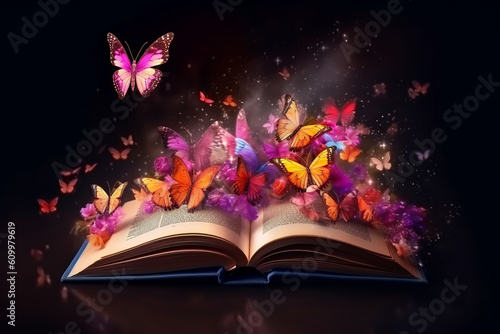 Beautiful magic book from which butterflies and flowers fly out. Generative AI © Slepitssskaya