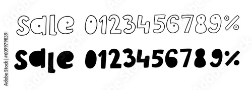 Hand drawn any percent sale black ink discount logo special offer lettering. Vector design illustration in cartoon doodle style isolated on white background. For menu, seasonal sale, banner, discount.